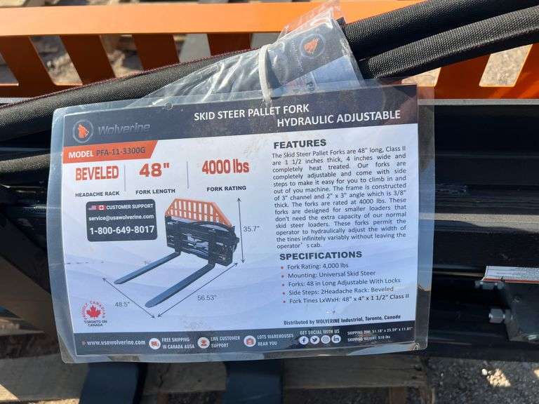 2025 WOLVERINE PALLET FORK HYDRAULIC ADJUSTABLE - FOR SKID LOADER MODEL: PFA-11-3300G,