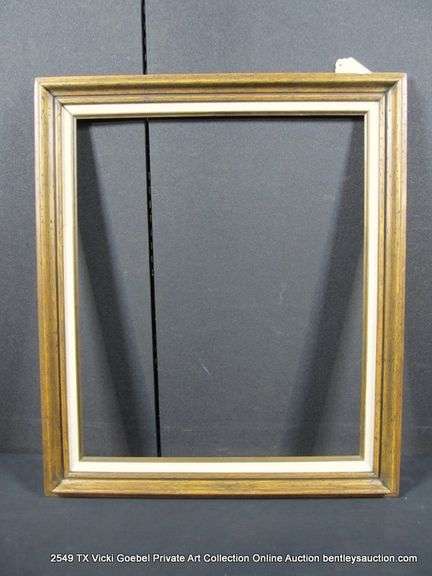 STAINED WALNUT, W/ LINEN INLAY, CARVED WOODEN FRAME 14 X 16
