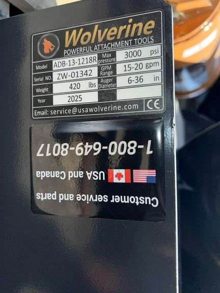 2025 WOLVERINE SKID STEER AUGER DRIVE & BIT ATTACHMENT MODEL: ADB-13-1218R,