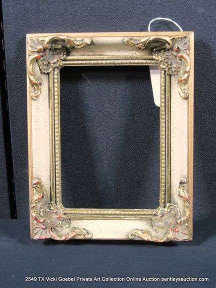 GOLD & WHITE PAINTED, W/ RED ACCENTS, CARCED ORNATE WOODEN FRAME 8 X 10
