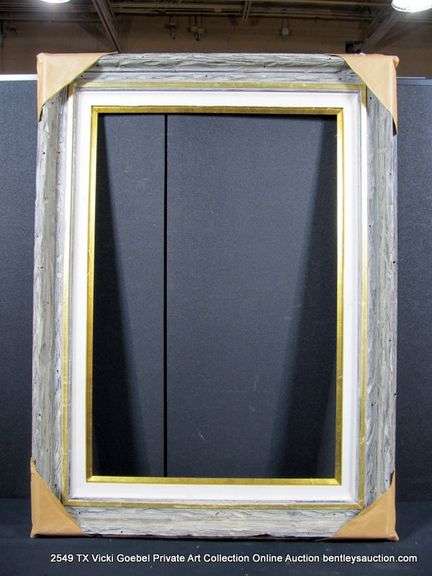 DARK DRIFTWOOD STYLE & PAINTED GOLD, W/ LINEN INLAY, WOODEN FRAME 35 X 47
