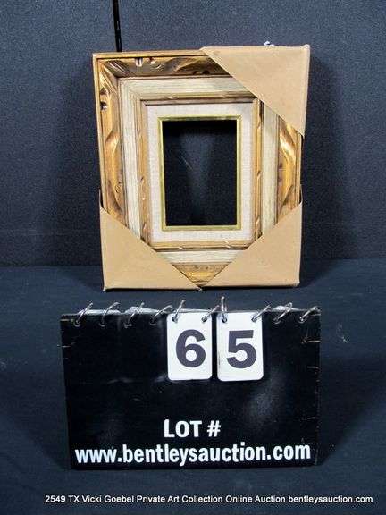 GOLD & GRAY/BROWN PAINTED, W/ LINEN & GOLD PAINTED INLAY, CARVED ORNATE WOODEN FRAME 13 X 15