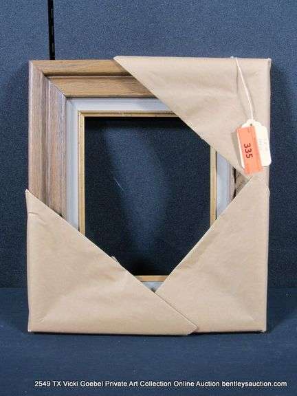 STAINED WALNUT, W/ GRAY VELVET INLAY, CARVED WOODEN FRAME 14 X 16