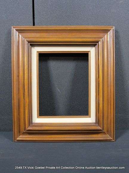 STAINED WALNUT, W/ LINEN INLAY, CARVED WOODEN FRAME 16 X 18