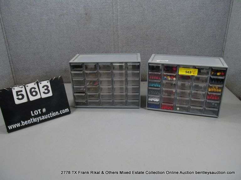 LOT 2: GREY 5 X 6, SMALL ITEM STORAGE DIVIDER (QTY 2) W/ ITEMS INSIDE ...
