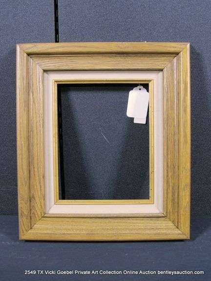 OAK STAINED, W/ GRAY/CREAM VELVET & PAINTED GOLD INLAY, CARVED WOODEN FRAME 14 X 16