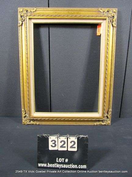 GOLD PAINTED, W/ LINEN INLAY, CARVED ORNATE WOODEN FRAME 25 X 31