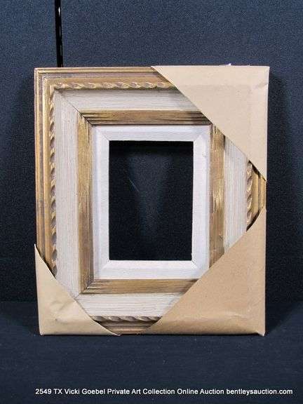 GOLD & CREAM PAINTED, W/ LINEN INLAY, CARVED WOODEN FRAME 12 X 14