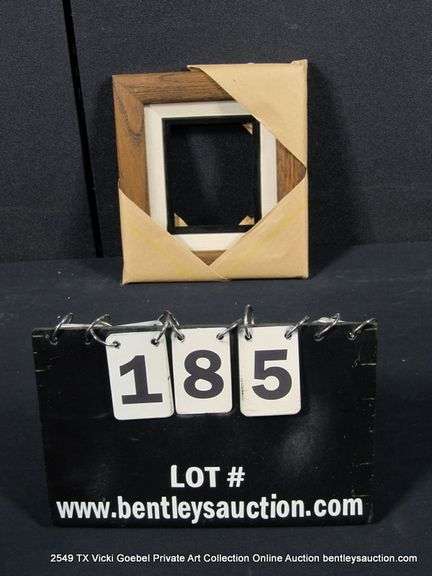 WALNUT STAINED, W/ LINEN & BLACK PAINTED INLAY, WOODEN FRAME 8 X 9