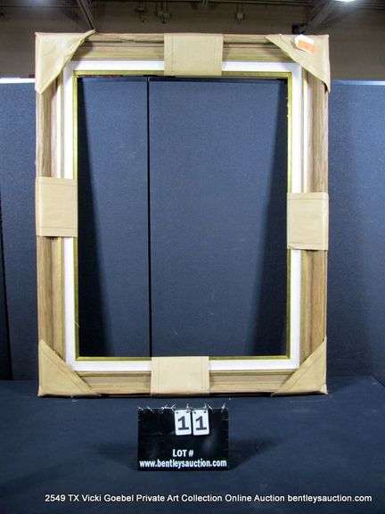 LIGHT BROWN PAINTED,W/ LINEN INLAY, GOLD ACCENTS, CARVED WOODEN FRAME 41 X 51