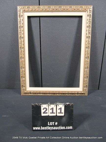 SILVER PAINTED W/ RED ACCENTS, & W/ LINEN INLAY CARVED ORNATE WOODEN FRAME 23 X 29
