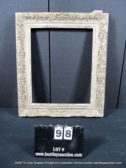 GRAY-WASHED, CARVED ORNATE WOODEN FRAME 25 X 29