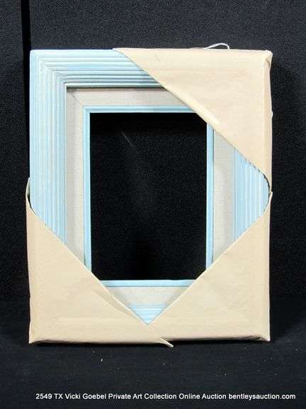 BABY BLUE & WHITE PAINTED, W/ LINEN INLAY, CARVED WOODEN FRAME 9 X 11