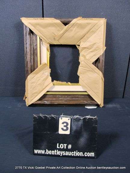 DARK-STAINED & GOLD PAINTED, W/ LINEN INLAY, DRIFTWOOD STYLE CARVED WOODEN FRAME 19 X 21