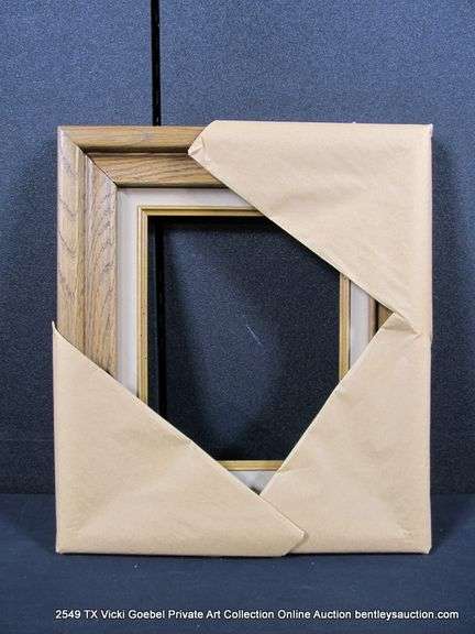STAINED WALNUT, W/ GRAY VELVET INLAY, CARVED WOODEN FRAME 14 X 16