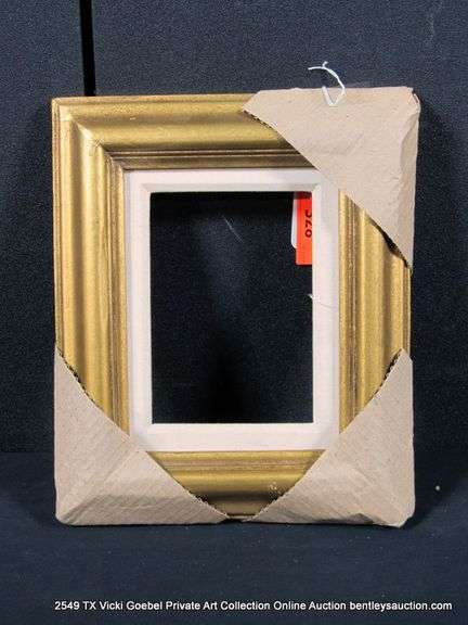 GOLD PAINTED, W/ LINEN INLAY, CARVED WOODEN FRAME 10 X 12