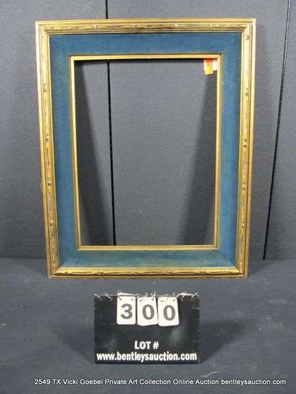 GOLD/BRONZE PAINTED, W/ DARK BLUE VELVET INLAY, CARVED WOODEN FRAME 26 X 32