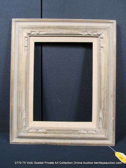 GOLD & BEIGE PAINTED, W/ IVORY LINEN INLAY, CARVED WOODEN FRAME 20 X 24