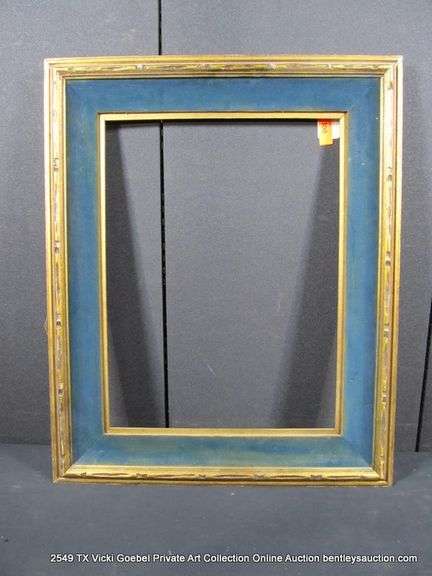 GOLD/BRONZE PAINTED, W/ DARK BLUE VELVET INLAY, CARVED WOODEN FRAME 26 X 32