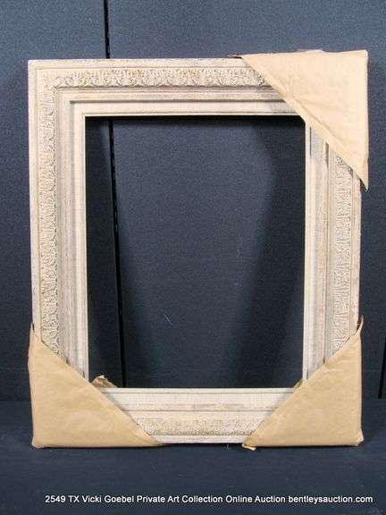 WHITE-WASHED, W/ HEATHERED LINEN INLAY, CARVED WOODEN FRAME 24 X 28