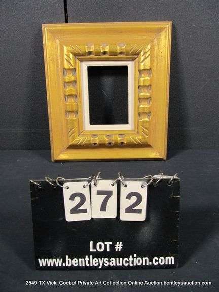 GOLD PAINTED, W/ LINEN INLAY, CARVED WOODEN FRAME 14 X 15
