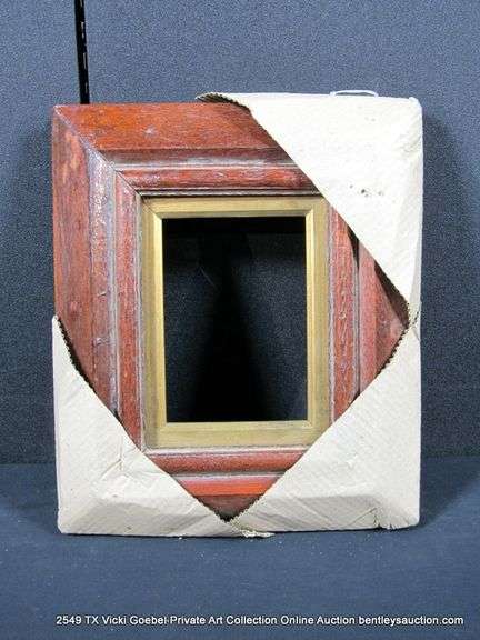 RED-STAINED, W/ GOLD PAINTED INLAY, CARVED WOODEN FRAME 12 X 14