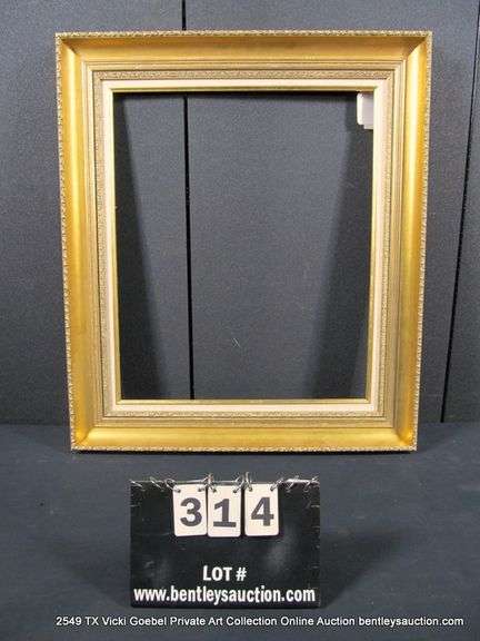 GOLD PAINTED, W/ LINEN INLAY, CARVED WOODEN FRAME 23 X 31