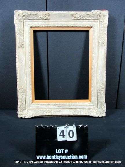 WHITE-WASHED, W/ UNPAINTED WOOD INLAY, CARVED ORNATE FRAME 25 X 29