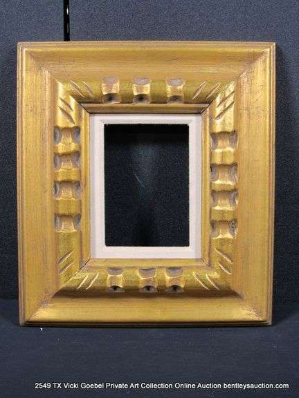 GOLD PAINTED, W/ LINEN INLAY, CARVED WOODEN FRAME 14 X 15