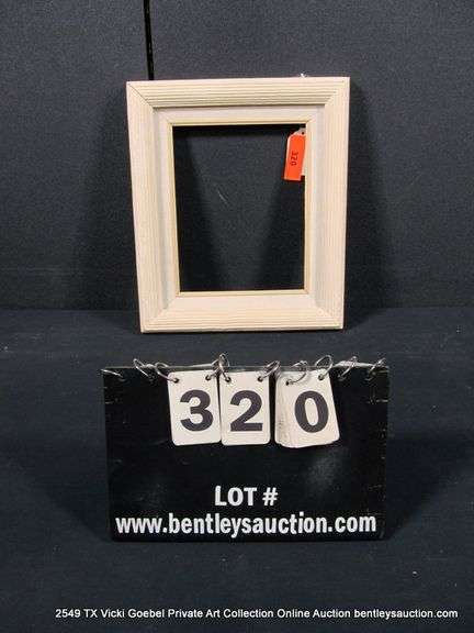 BEIGE & WHITE PAINTED, W/ LINEN INLAY, CARVED WOODEN FRAME 12 X 14