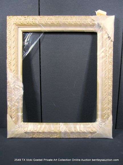 WHITE-WASHED & GOLD PAINTED, CARVED ORNATE WOODEN FRAME 27 X 31