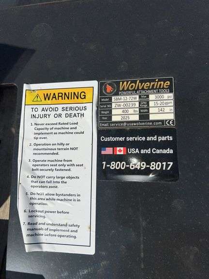 2025 WOLVERINE SKID STEER SICKLE BAR MOWER MODEL: SBM-12-72W,
