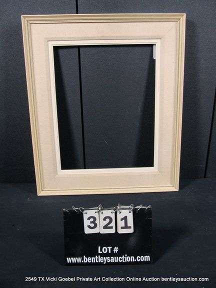 BEIGE-WASHED & GREEN STRIP, W/ LINEN INLAY, CARVED WOODEN FRAME 23 X 27