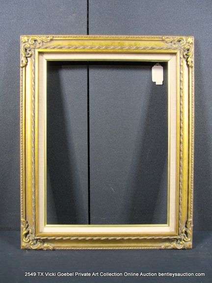GOLD PAINTED, W/ LINEN INLAY, CARVED ORNATE WOODEN FRAME 25 X 31