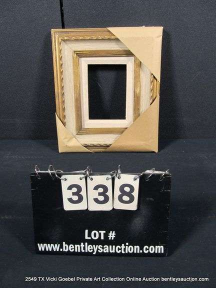 GOLD & CREAM PAINTED, W/ LINEN INLAY, CARVED WOODEN FRAME 12 X 14