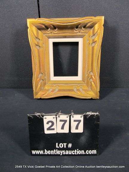 GOLD PAINTED, W/ LINEN INLAY, CARVED WOODEN FRAME 15 X 17