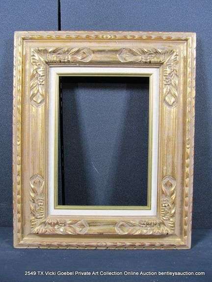 GOLD PAINTED, W/ LINEN INLAY, FLORAL CARVED ORNATE WOODEN FRAME 19 X 23