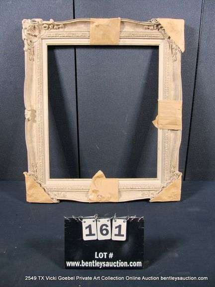 WHITE-WASHED, W/ LINEN INLAY, CARVED ORNATE WOODEN FRAME 27 X 31