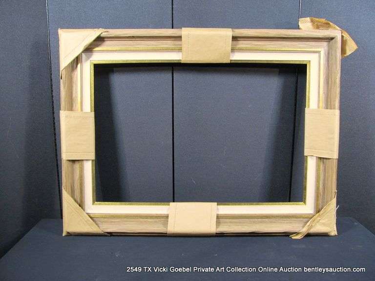 BROWN PAINTED DRIFTWOOD & GOLD PAINTED, W/ LINEN INLAY, CARVED WOODEN FRAME 35 X 47