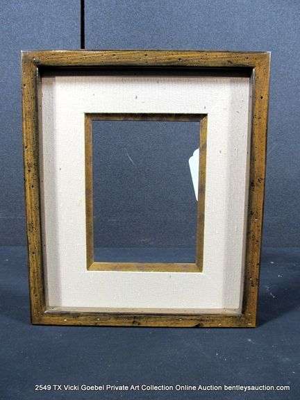 WALNUT STAINED, W/ LINEN & GOLD INLAY, WOODEN FRAME 11 X 12