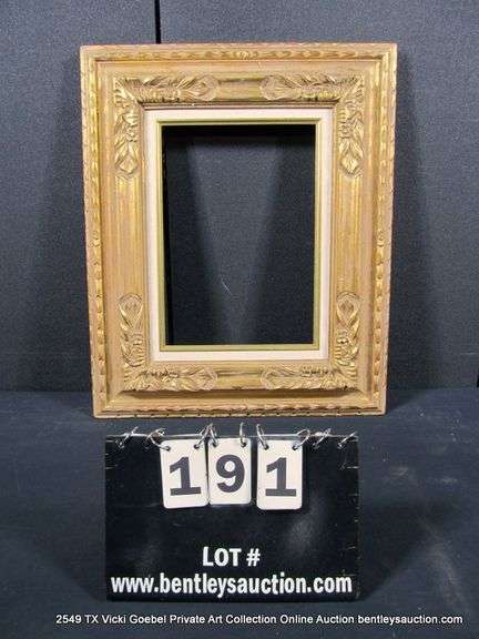GOLD PAINTED, W/ LINEN INLAY, FLORAL CARVED ORNATE WOODEN FRAME 19 X 23