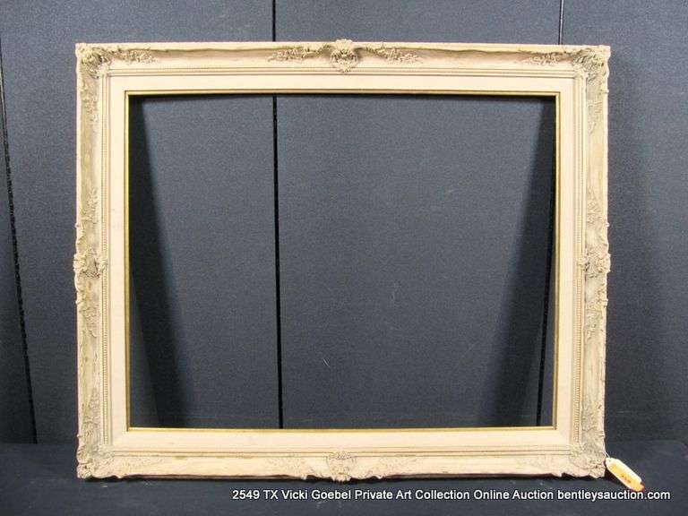 GRAY/BEIGE-WASHED, W/ GOLD ACCENTS, & W/ LINEN INLAY, CARVED ORNATE WOODEN FRAME 30 X 40