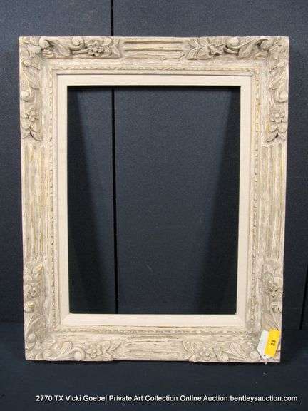 GRAY/BEIGE PAINTED & GOLD ACCENTS, W/ LINEN INLAY, CARVED ORNATE WOODEN FRAME 26 X 32