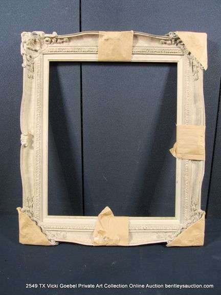 WHITE-WASHED, W/ LINEN INLAY, CARVED ORNATE WOODEN FRAME 27 X 31