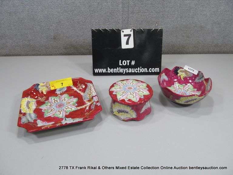 LOT 3: COLORFUL FLORAL PAINTED PORCELAIN DISHES: CONTAINER W/ LID, TEXTURED RIM BOWL, PLATE