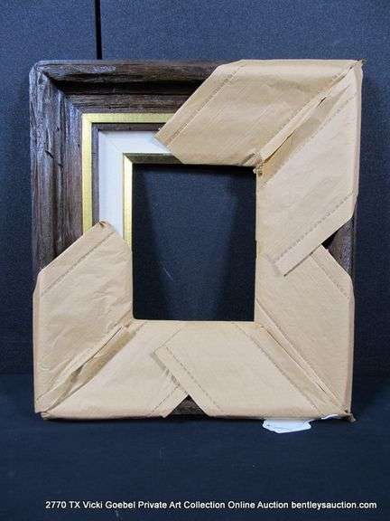 DARK-STAINED & GOLD PAINTED, W/ LINEN INLAY, DRIFTWOOD STYLE CARVED WOODEN FRAME 19 X 21