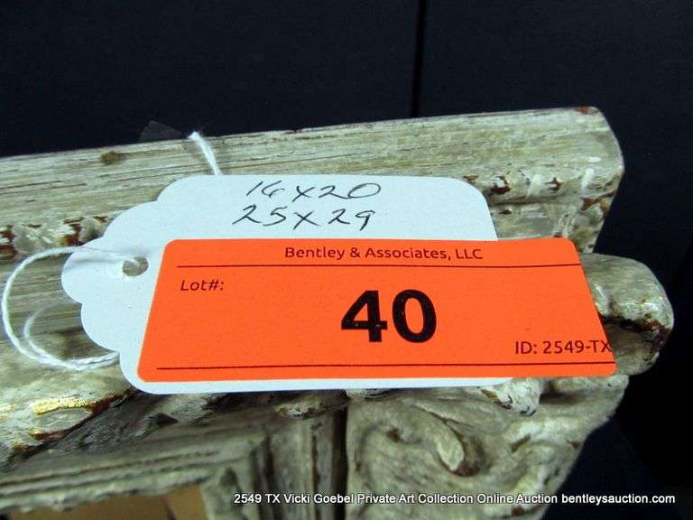WHITE-WASHED, W/ UNPAINTED WOOD INLAY, CARVED ORNATE FRAME 25 X 29