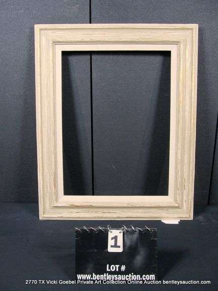 BEIGE/CREAM-WASH & GOLD ACCENTS, W/ LINEN & DRIFTWOOD STYLE INLAY, CARVED WOODEN FRAME 26 X 32