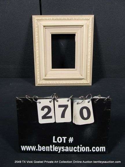 WHITE PAINTED, W/ LINEN INLAY, CARVED WOODEN FRAME 11 X 13