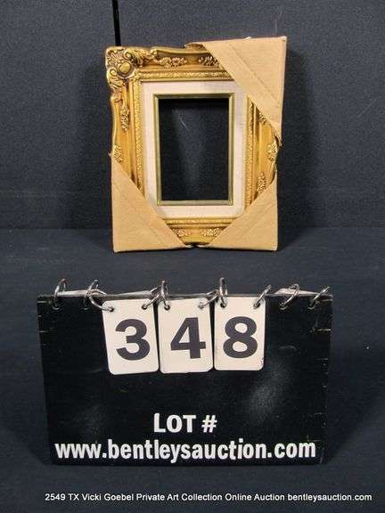 GOLD PAINTED, W/ LINEN INLAY, CARVED ORNATE WOODEN FRAME 10 X 12